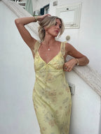 Kryptografischer Sommer Blumenmuster Plunge Maxikleid Outfits Sexy rückenfreie Feen Sonnenkleider Urlaub Strandmode Vestido Coquette