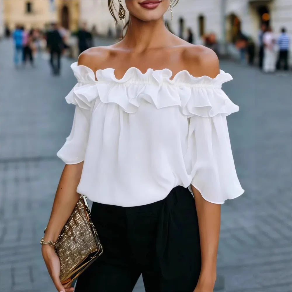 Mode Rüschen Sexy One Shoulder Damen Kurzarmshirt Sommer Neu Lässige Weite Oberteile Weibliche Elegante Vielseitige Bürobluse Zweitbild