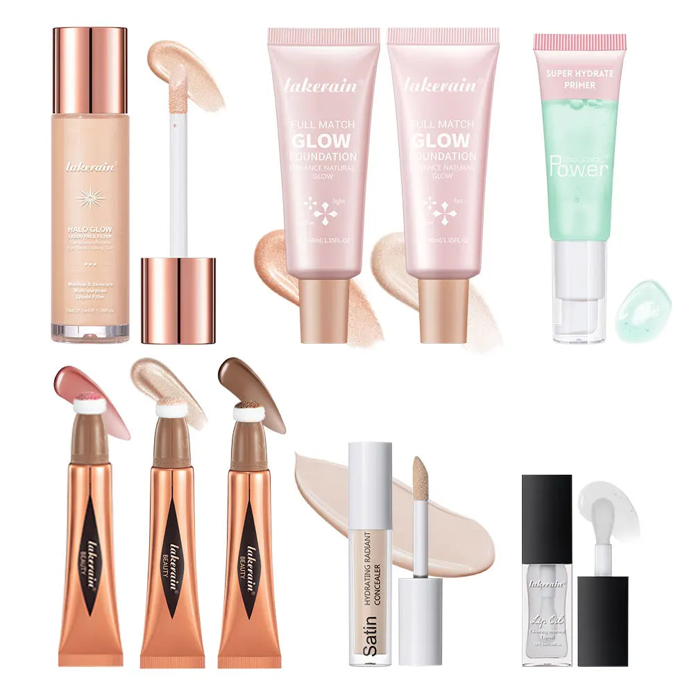 Make-up-Set Anfänger-Kit Grundierung Feuchtigkeitsspendender Concealer Feuchtigkeits-Lipgloss Highlighter-Stift & Rouge Gesichts-Make-up-Sets Geschenk
