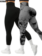 CZGUKE 2-teilige Damen Tie-Dye-Hose Sport Leggings Nahtlos High Waist Push-up Damen Fitness- und Trainingskleidung