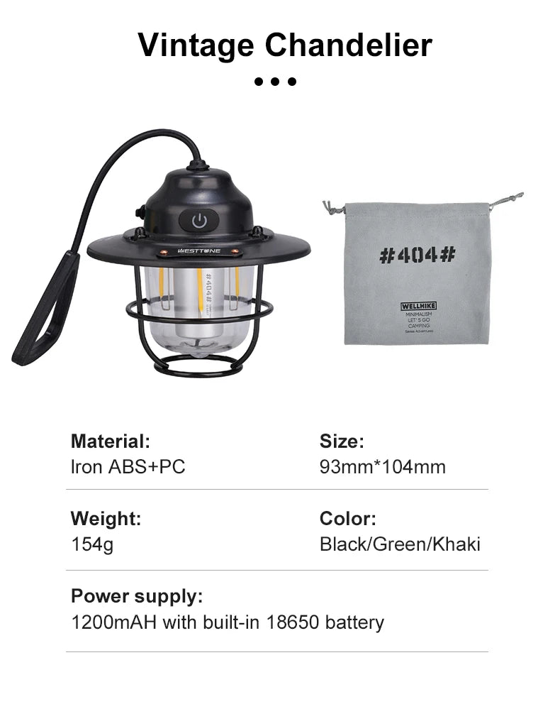 Tragbare Campinglaternen Retro Hängezeltlampe Wasserdichte Dimmbare Campinglampe 1200mAh für Wandern Angeln Notfalllaterne