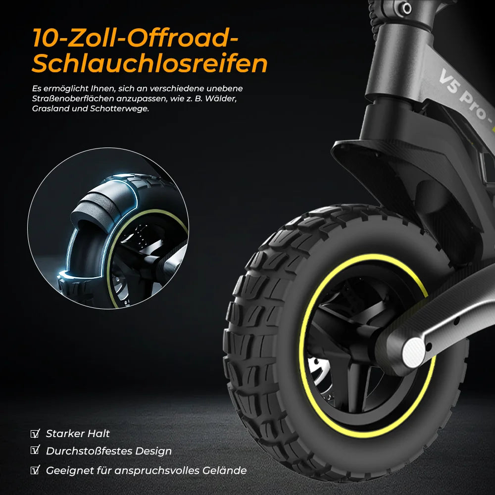 V5Pro Offroad E-Scooter 10 Zoll ABE zertifiziert 500W 48V12.5Ah Geländereifen Dual Federung E-Bremse Voltix APP Deutschland