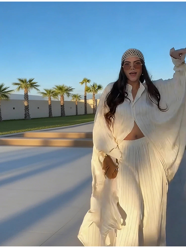 Beiges zweiteiliges Set für Damen, Oversized-Hemd mit Knopfleiste und High-Waist-Hose mit weitem Bein, Y2k Sommer-Urlaubs-Kaftan-Outfit