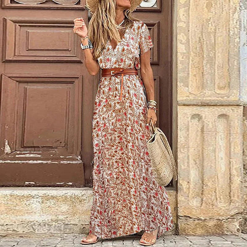 Elegantes florales plissiertes Midikleid in H-Form für Damen, V-Ausschnitt, Puffärmel, geraffte Taille, Knopfleiste, Damen-Sommerkleid, Robe