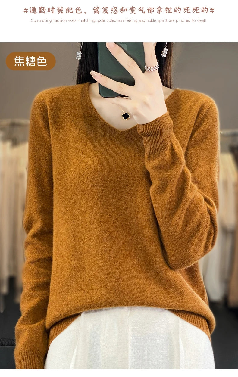 Damen 100% Merinowolle Pullover V-Ausschnitt Basic Pulli Herbst Winter Kaschmir Kleidung Langarm Weiche Strickware Oberteile Unifarben
