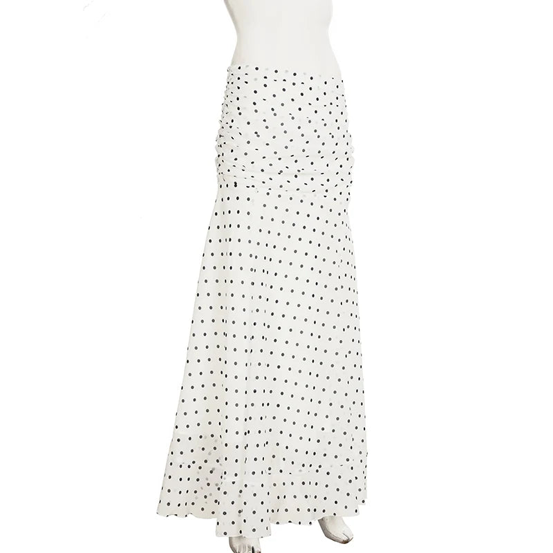 hirigin Tupfen Chiffon-Maxirock Französischer Stil Geraffter Mesh A-Linien-Rock Elegante Maxi-Unterteile Hohe Taille Streetwear