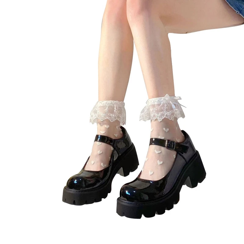 Damen Lolita transparente Mesh-Socken, süße Rüschenspitze, Schleife, niedliches Liebesherzmuster, Anime-Prinzessinnenstrümpfe Zweitbild