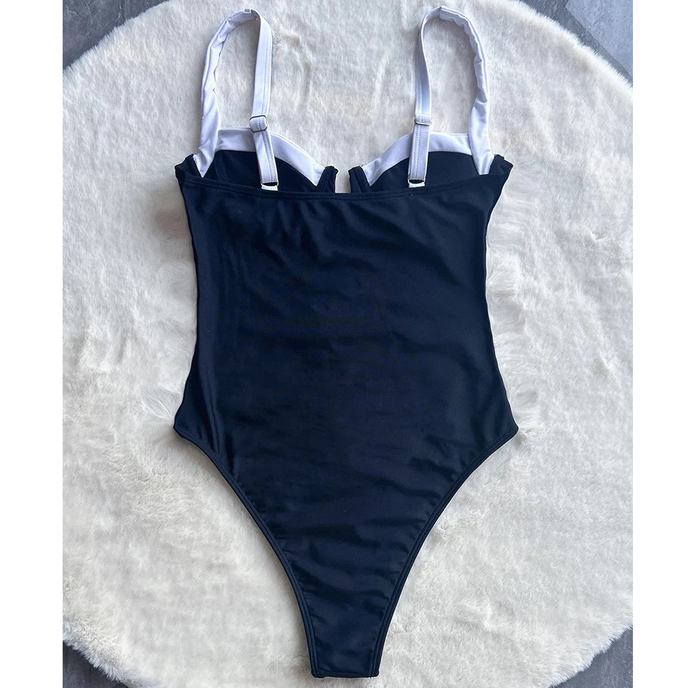 Damen Push Up Einteiliger Badeanzug Sexy Patchwork Monokini Bademode 2024 Badeanzug Strandmode Rückenfreier Badeanzug Schwimmanzug