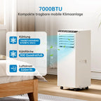 7000 BTU mobile Klimaanlage, 3-in-1 Kühlentfeuchter & Ventilator, 2 Geschwindigkeiten, keine externe Einheit, leise für Räume bis 30 m²
