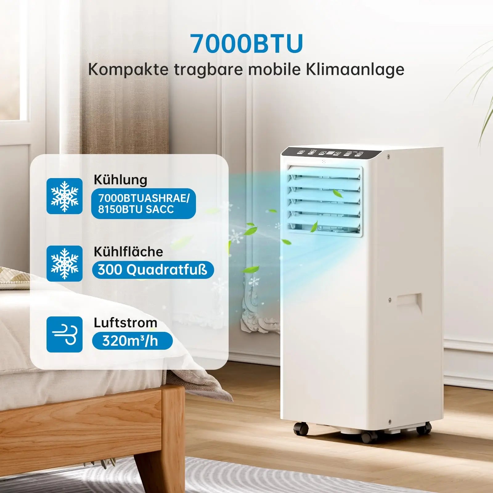 7000 BTU mobile Klimaanlage, 3-in-1 Kühlentfeuchter & Ventilator, 2 Geschwindigkeiten, keine externe Einheit, leise für Räume bis 30 m² Hauptbild