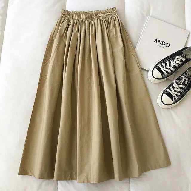 Damen Schwarzer Rock Midi High Waist Korean Style Plissiert A-Linie Vintage Kleidung 2026 Neue Sommer Casual Mode Damen Arbeitskleidung