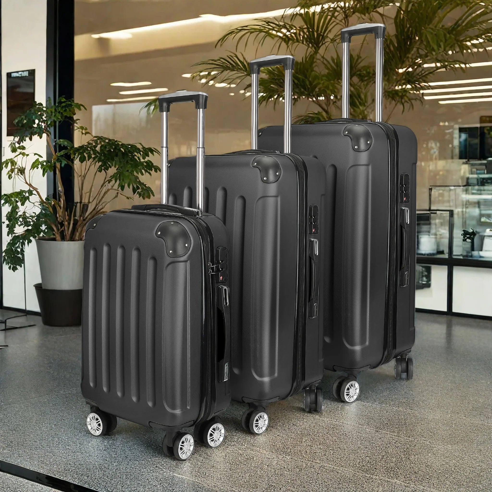 Comanlai 3-teiliges Rollkoffer-Set, schwarze Hartschalenkoffer, klassisches Streifendesign, mit 360°-Universalrollen, TSA-Schloss und Teleskopgriff, für Geschäftsreisen und Outdoor-Urlaub