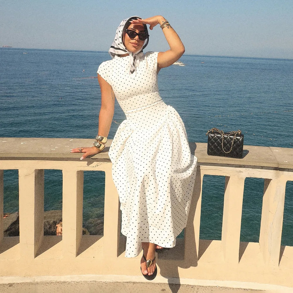 Talenza Weißes gepunktetes langes Kleid Sommer Sexy High-Waist Vintage Print Ärmelloses Kleid Lässige Party Urlaub Neues Damenkleid