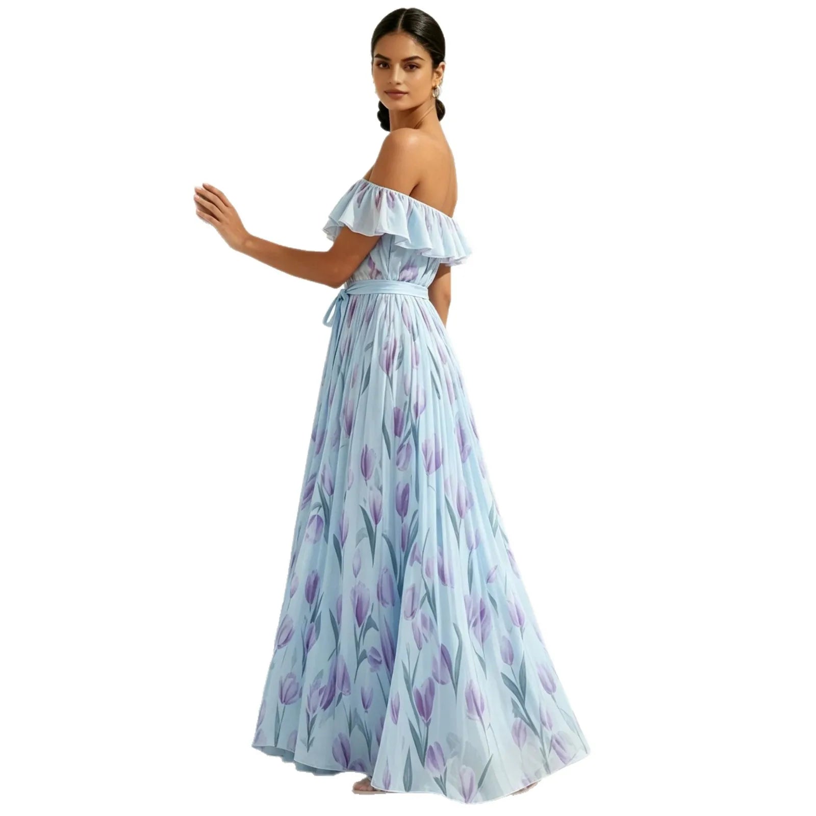 2026 Sommer schulterfreies Kleid mit Tulpenprint in großen Größen, schlankmachend, mit eckigem Ausschnitt und Maxilänge