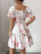 Damenkleid mit Blumenmuster, Schärpen, Rüschensaum, kurzen Ärmeln, Freizeitkleid, Damen-Abendkleider im Urlaubsstil