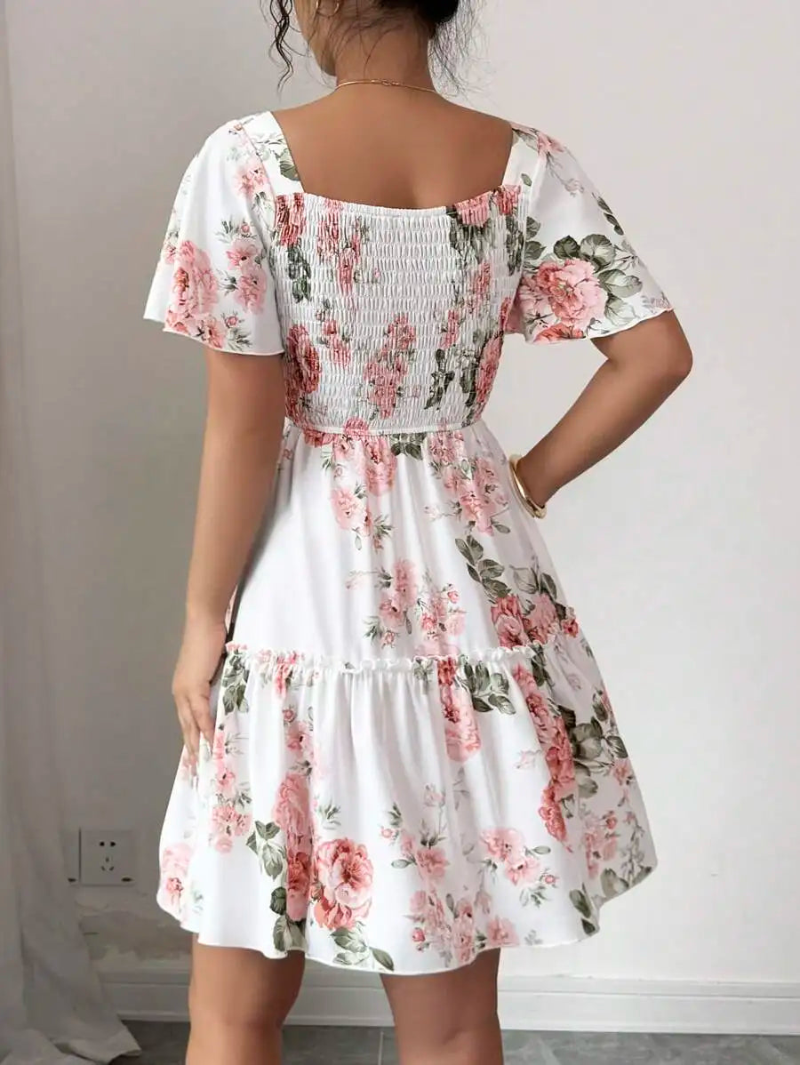 Damenkleid mit Blumenmuster, Schärpen, Rüschensaum, kurzen Ärmeln, Freizeitkleid, Damen-Abendkleider im Urlaubsstil