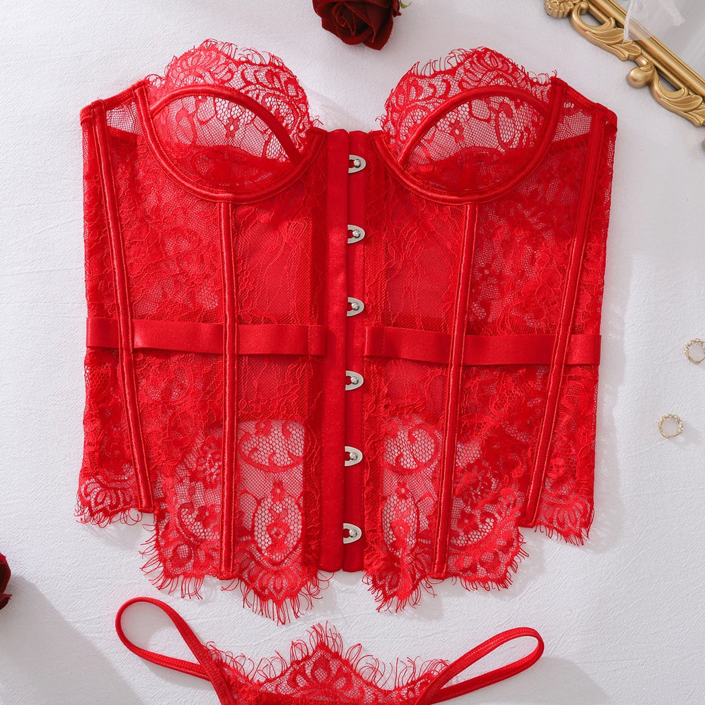 Ellolace Palace Damen Dessous Sets Weidenkorsett String 2-teiliges Set Sexy Heiß Trägerlos Spitze Ausgefallener tiefer V-Ausschnitt Damen Unterwäsche
