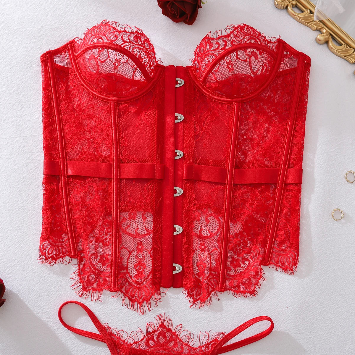 Ellolace Palace Damen Dessous Sets Weidenkorsett String 2-teiliges Set Sexy Heiß Trägerlos Spitze Ausgefallener tiefer V-Ausschnitt Damen Unterwäsche