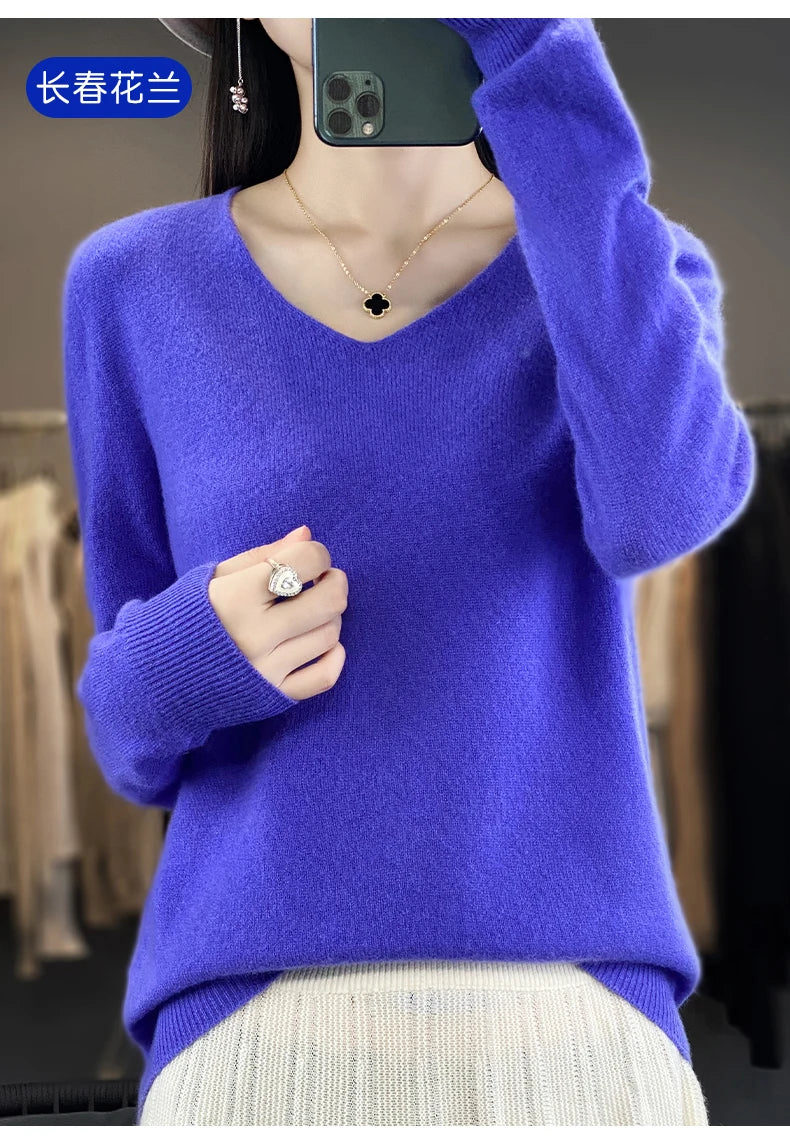 Damen 100% Merinowolle Pullover V-Ausschnitt Basic Pulli Herbst Winter Kaschmir Kleidung Langarm Weiche Strickware Oberteile Unifarben
