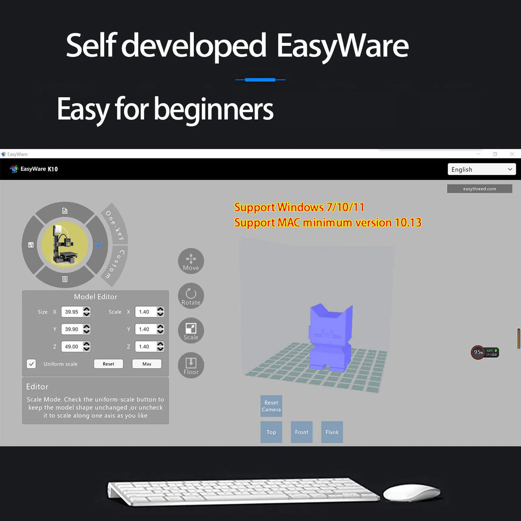 EasyThreed 3D-Drucker Einsteigermodell, kompatibel mit PLA- und TPU-1,75-mm-Filament, inklusive Netzadapter.