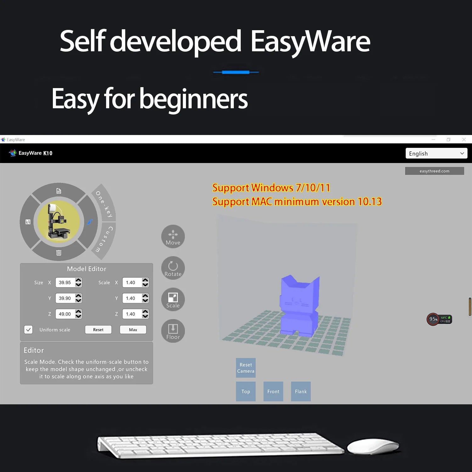 EasyThreed 3D-Drucker Einsteigermodell, kompatibel mit PLA- und TPU-1,75-mm-Filament, inklusive Netzadapter.