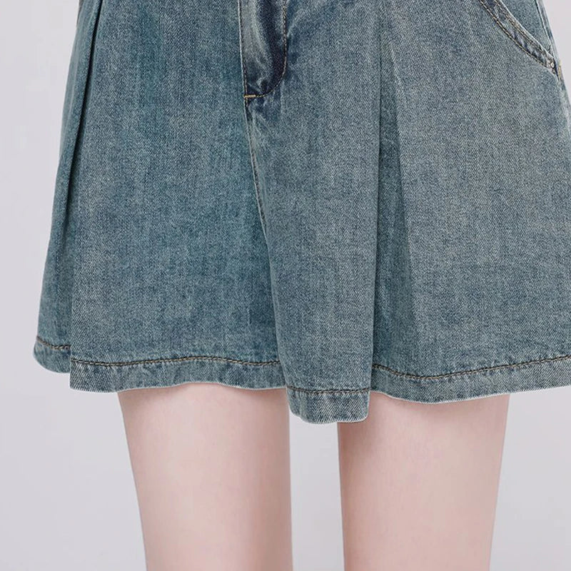 Koreanische Lässige High Waist Plissierte Denim Shorts Für Frauen Frühling Sommer Baggy Jeans Shorts Y2k A-Linien Weite Beine Jeans