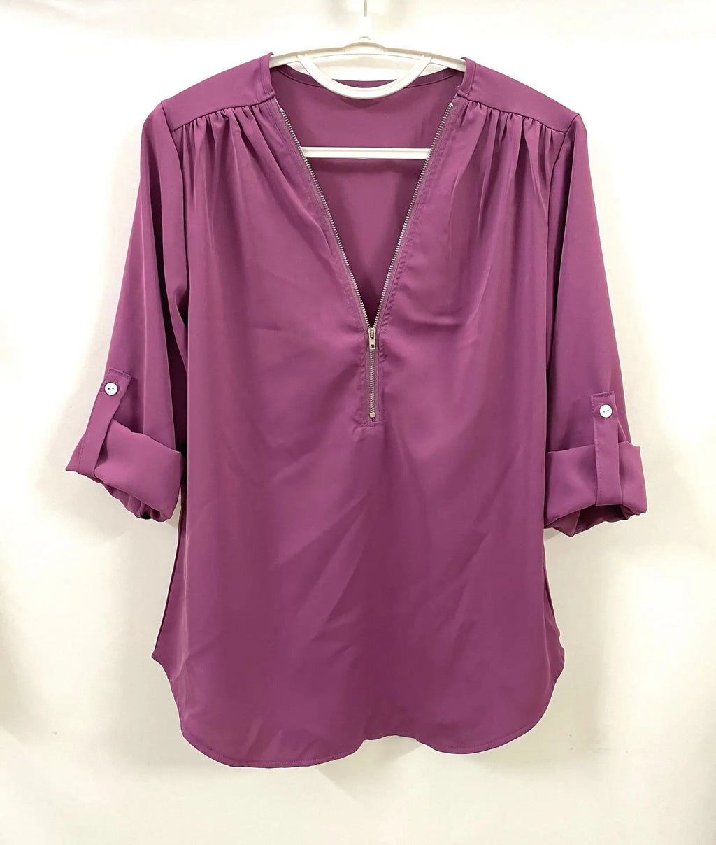 2024 Qualität Heißer Verkauf Plus Size Tiefer V-Ausschnitt Damenbluse Chiffon Coole lockere Hemd Mode Freizeit Damen Tops Sexy Reißverschluss Pullover