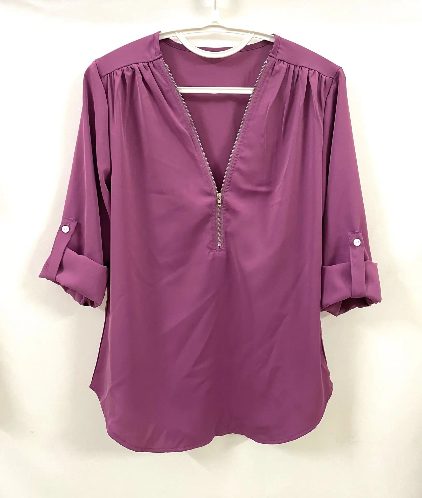 2024 Qualität Heißer Verkauf Plus Size Tiefer V-Ausschnitt Damenbluse Chiffon Coole lockere Hemd Mode Freizeit Damen Tops Sexy Reißverschluss Pullover