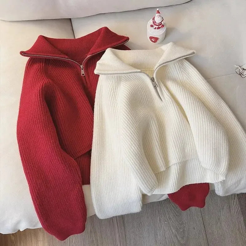 Damen Half-Zip Kragen Pullover Weicher Strick Langarm Kurzer Pulli Herbst Winter Teenager-Mädchen Koreanisches Mode-Outfit
