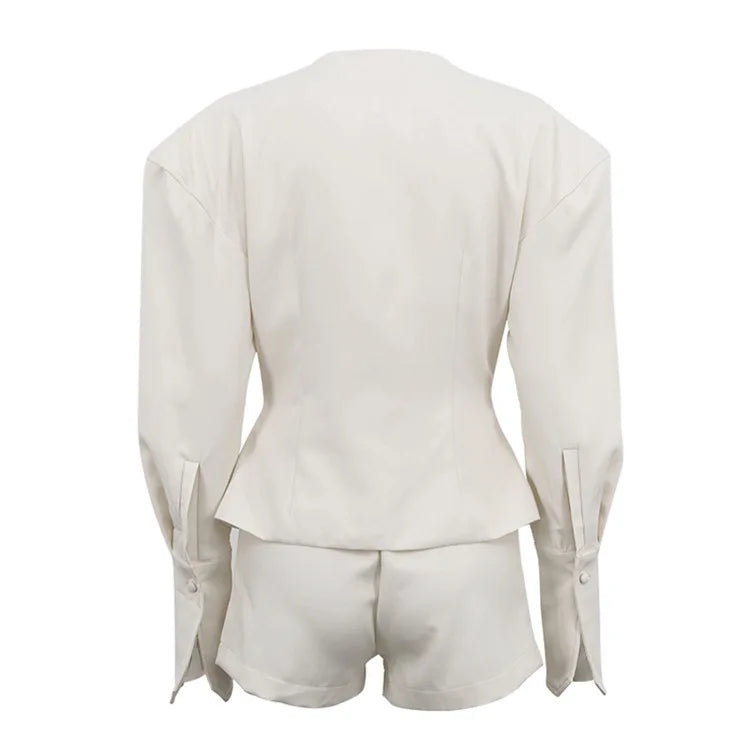 FANTOYE Sexy Deep V-Neck Long Sleeve Shoulder Pads Women 2 Piece Sets Beige Single Breasted Tops Short Pants Winter Lady Outfits
