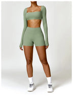 Hearuisavy Summer Casual Quick Dry Sportswear Women Square Neck Gym Top Women Fitness Sports Crop Top Long Sleeve Yoga Clothing