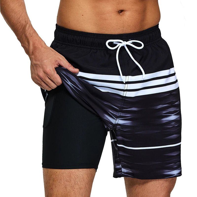 ESCATCH 2026 Neu eingetroffene Herren-Badeshorts mit Kompressionsfutter, 2-in-1-Druck, schnelltrocknend, Fitnessstudio, Sport, Herrenshorts mit Reißverschlusstaschen