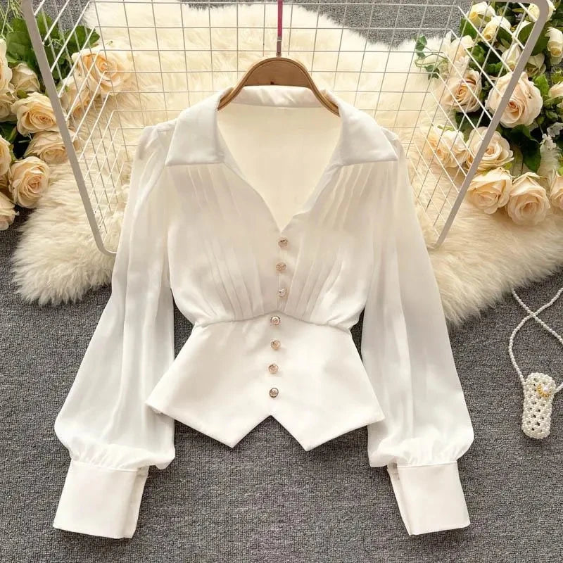 Weiße Freizeit Bluse mit Polokragen Knopfleiste Puffärmeln Geradem Schnitt für Damen Kurzarm Hemd Weibliche Kleidung Oberteile 2024 Mode Hauptbild
