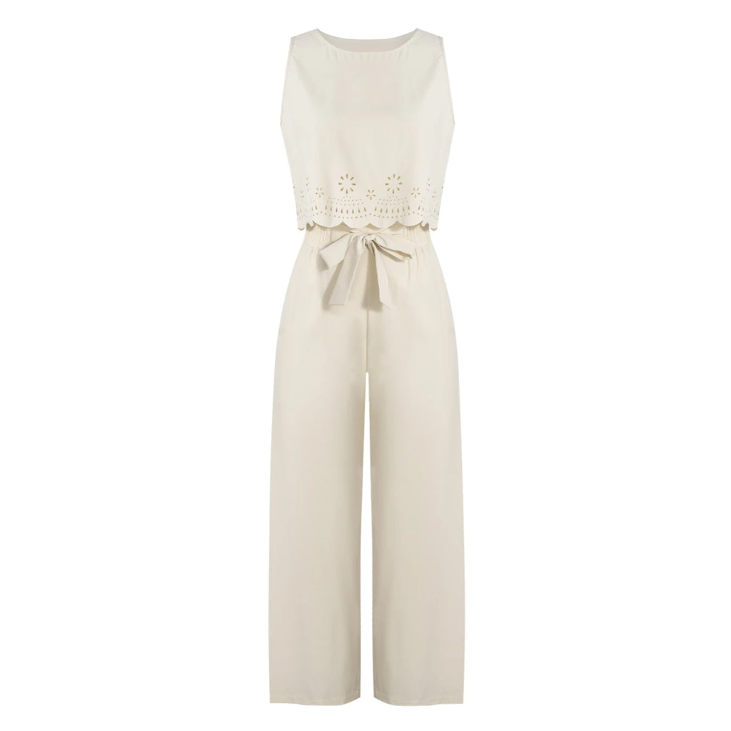 Damen beiges 2-teiliges Set ärmelloses Crop-Top und weite Hose Frühling Sommer Freizeit Pendler Urlaubsoutfit