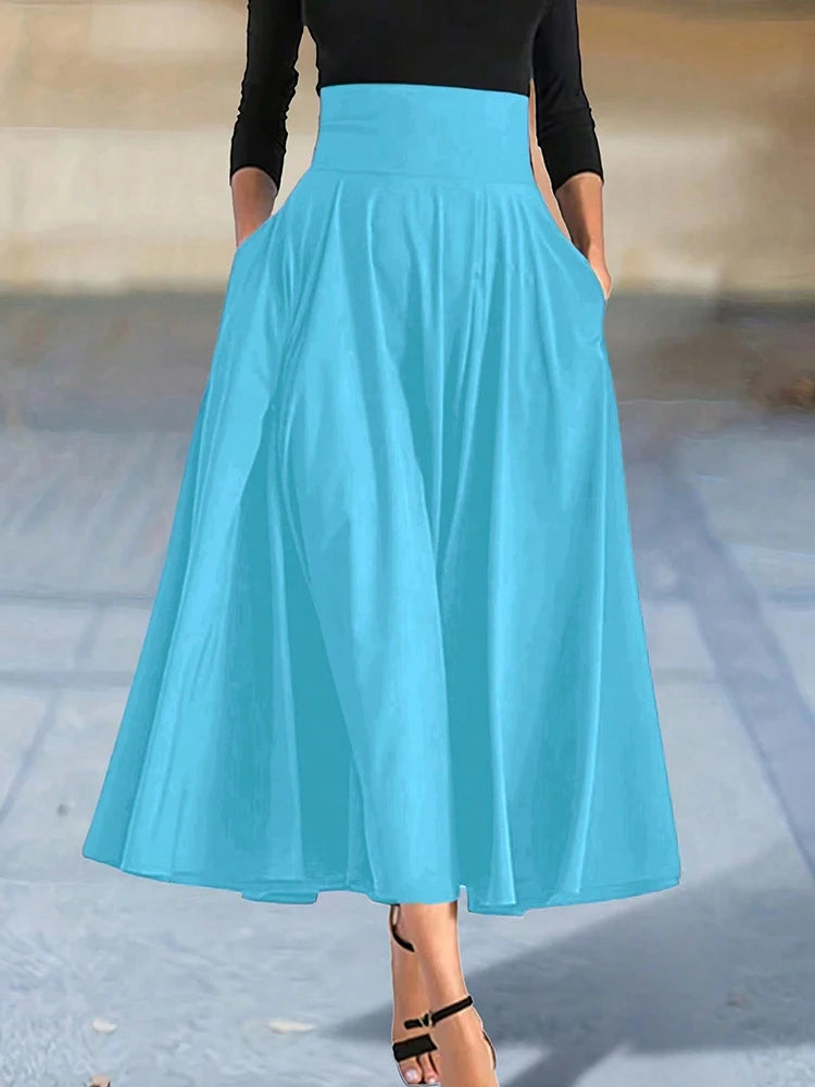 Neu eingetroffen: Kleider, einfarbige A-Linien-Röcke für Damen, Bekleidung, langer Rock mit hoher elastischer Taille für Damen mit Schleife, elegante Damenröcke
