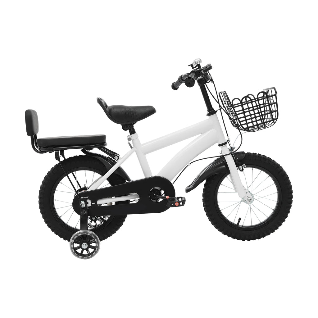 14" Kinderfahrrad Verstellbares Kinderfahrrad Belastbarkeit 60kg mit Stützrädern+Korb+Rückenlehne Rücksitz für 3-7 Jahre (Weiß/Schwarz)
