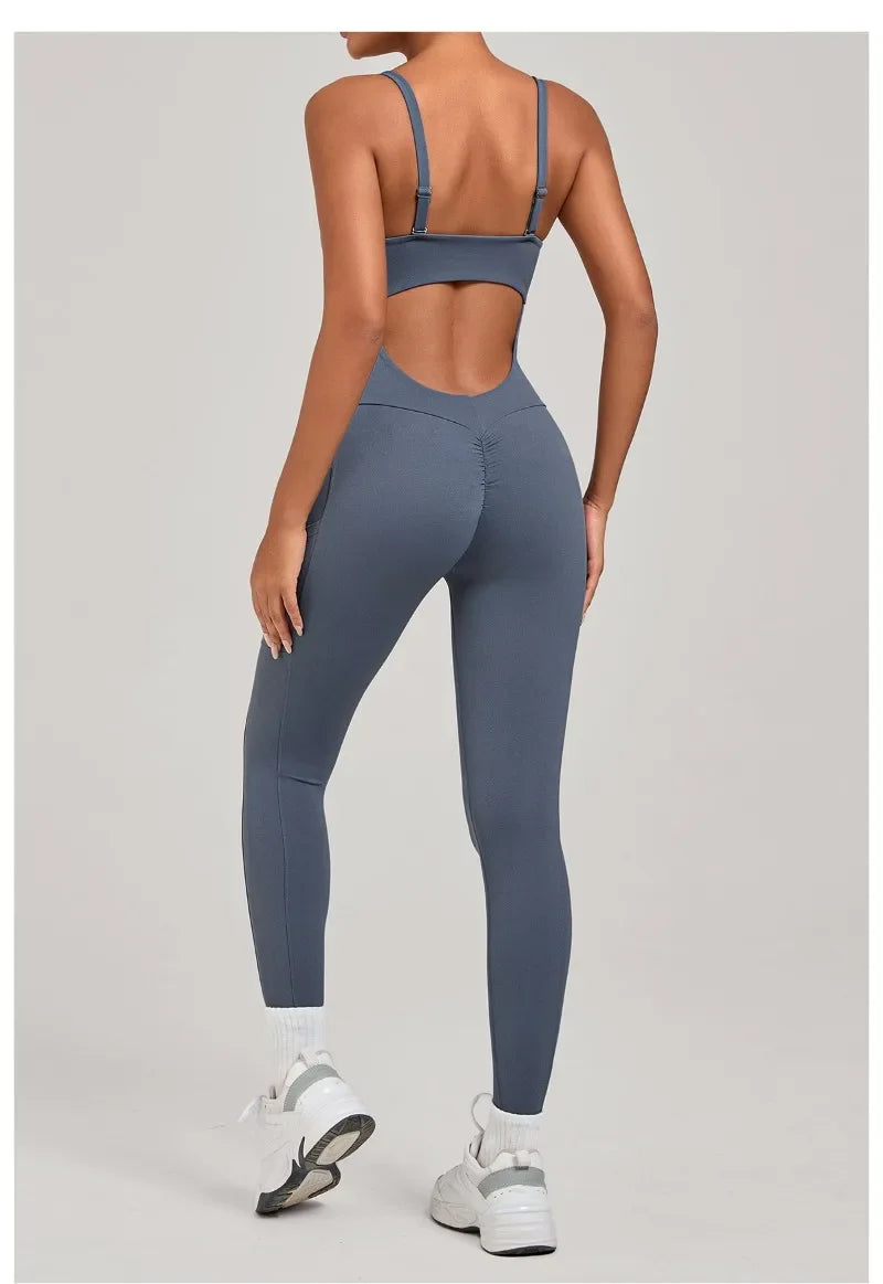 Damen Yoga Jumpsuits Sport Fitness Einteiler Schönheits-Rückengurt Tasche Hüfthebend Slim Fit Laufen Workout Training Bodysuit