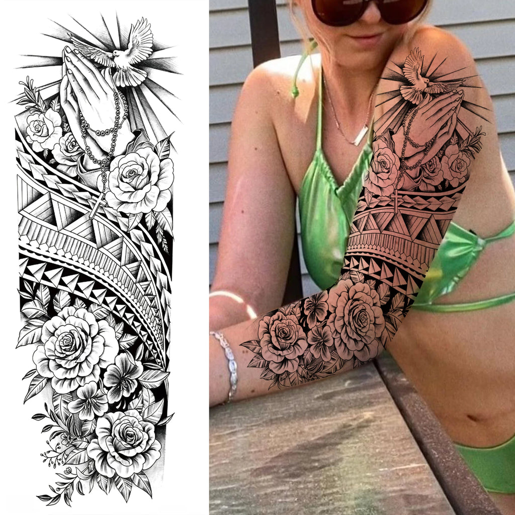 1 Sheet Full Arm Compass Zeus Skull Tiger Lion Flower Temporary Tattoos Sleeve For Men Women Adults Fake Temp Sticker Tattoo