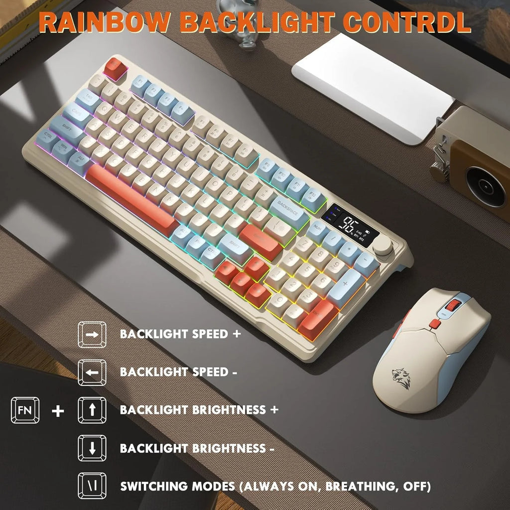 ZIYOU LANG T96 Wireless Gaming Keyboard and Mouse Combo, BT/2.4G RGB Backlit with Smart Display & Knob, 4000 DPI Gaming Mouse