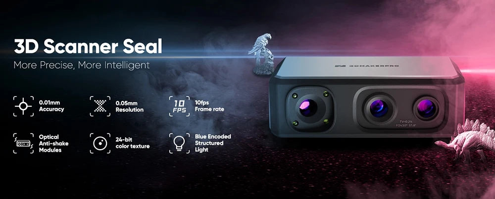 3DMakerpro Seal 3D Scanner, Blue Light Source, 0.01mm Accuracy, 0.05mm Resolution, 10fps Frame Rate, Visual Tracking, Anti-Shaking, 100x75mm Single Capture Range, 180-280mm Work Distance, 24-bit Color Scanning