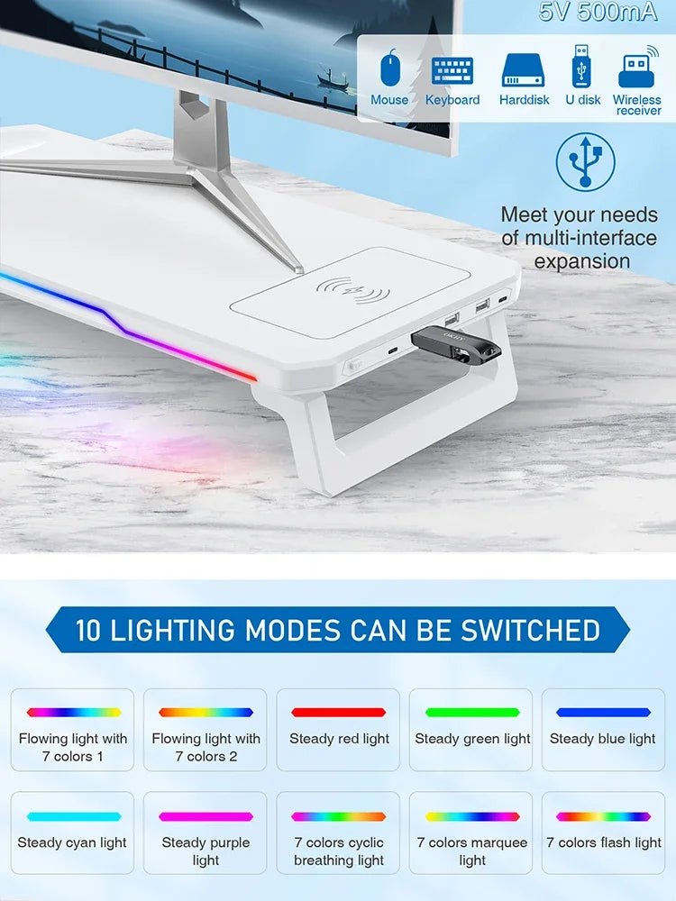 RGB Light Effect Rechargeable Desktop Monitor Height Stand 3 USB 2.0 Port Universal Laptop Storage Rack With Wireless Charging