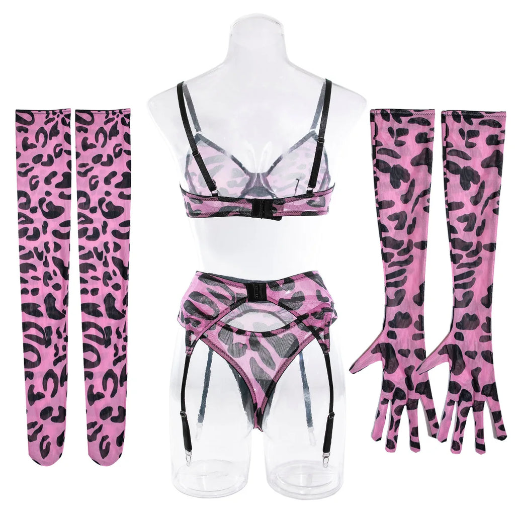Sexy rosa Leoparden-BH-Handschuhe Beinsocken Dessous-Set Damen Perspektive Bequemes Mesh Exotische Kleidung Unterwäsche Anzug