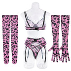 Sexy rosa Leoparden-BH-Handschuhe Beinsocken Dessous-Set Damen Perspektive Bequemes Mesh Exotische Kleidung Unterwäsche Anzug