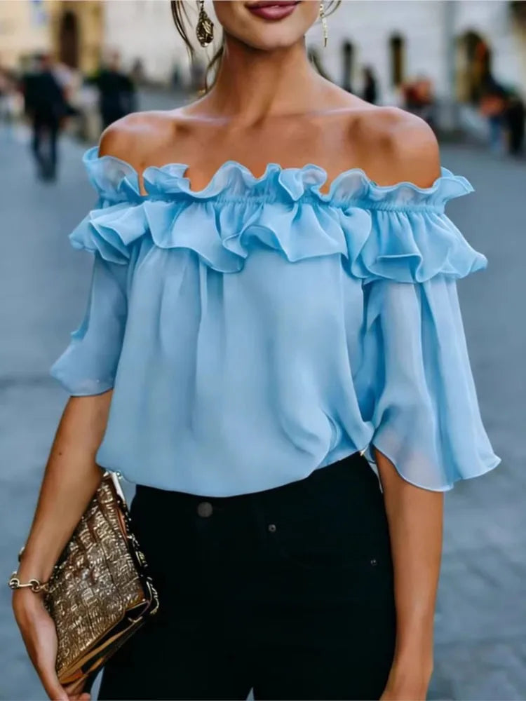 Mode Rüschen Sexy One Shoulder Damen Kurzarmshirt Sommer Neu Lässige Weite Oberteile Weibliche Elegante Vielseitige Bürobluse