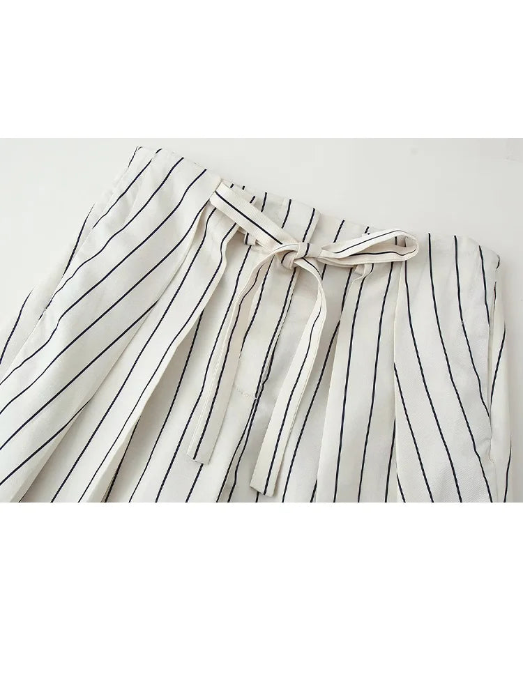 HH Damen Frühling Neue Mode Vintage Vielseitige Beige Gestreifte Puffärmel-Shirt + Hochtaillierte Lockere Plissierte Lässige Lange Hose Set