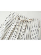 HH Damen Frühling Neue Mode Vintage Vielseitige Beige Gestreifte Puffärmel-Shirt + Hochtaillierte Lockere Plissierte Lässige Lange Hose Set