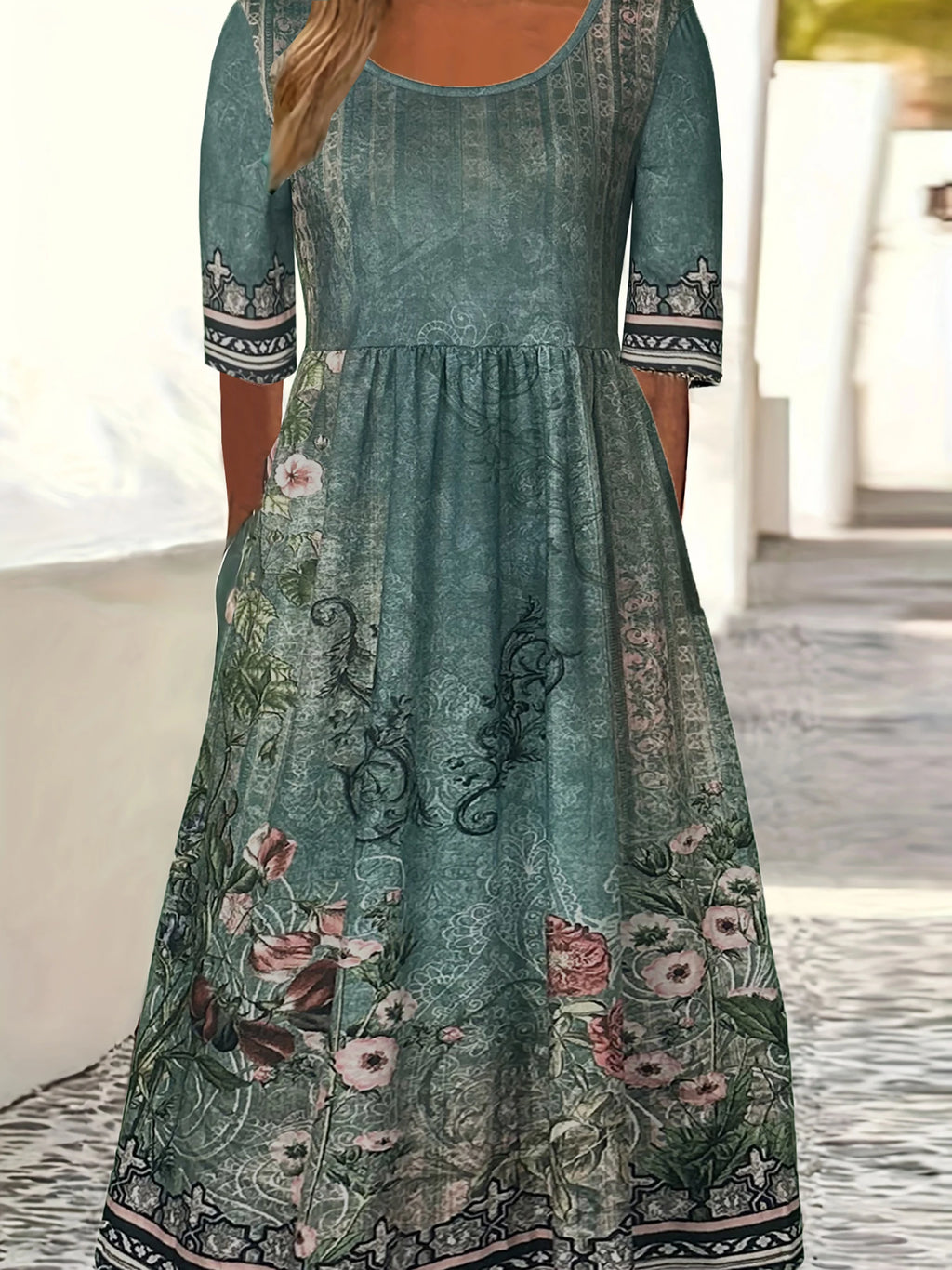 2025 Sommer Damen-Bohemia-Kleid locker, modischer Druck, Rundhalsausschnitt, kurze Ärmel, langes Kleid