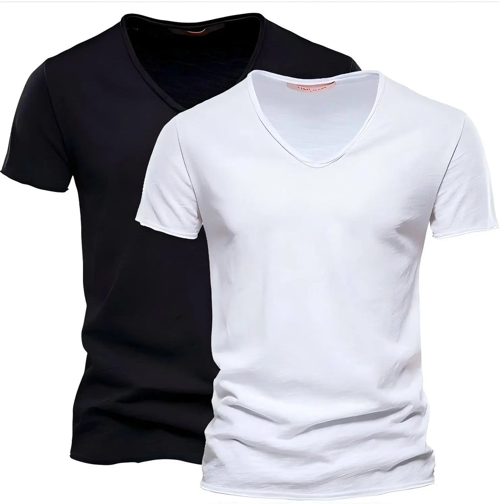 Frühling Sommer Baumwoll-T-Shirts Herren 2025 Schlichtes V-Ausschnitt Stretch Uni Neue Oberteile Kleidung Freizeit-T-Shirt Mann Streetwear Coole T-Shirts