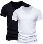 Frühling Sommer Baumwoll-T-Shirts Herren 2025 Schlichtes V-Ausschnitt Stretch Uni Neue Oberteile Kleidung Freizeit-T-Shirt Mann Streetwear Coole T-Shirts