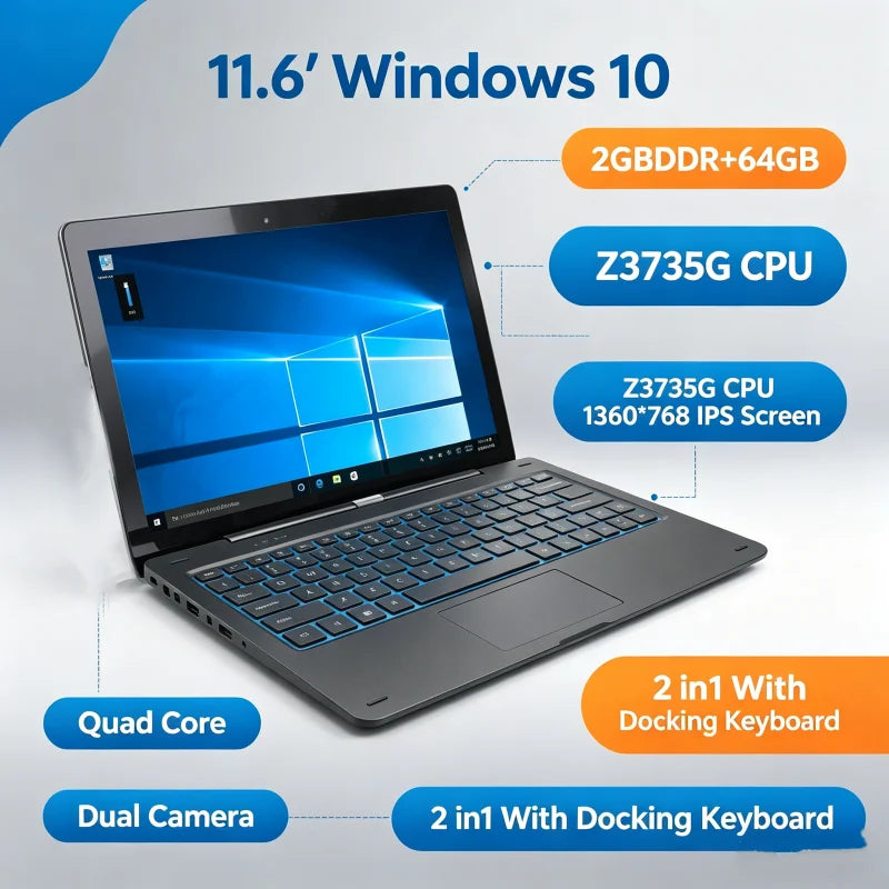 11,6" Windows 10 Tablet PC 2GB DDR + 64GB Z3735G CPU 1366*768 IPS-Bildschirm Quad Core G12 Dual-Kamera 2-in-1 mit Docking-Tastatur Hauptbild